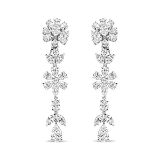 American Jewelry 18K White Gold 10 1/4 Cttw Fancy Diamond Mixed Cluster Floral Dangle Drop Earrings (VS1-VS2 Clarity, G-H Color)