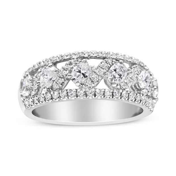 14K White Gold 1 1/4 Cttw Oval and Round Diamond Openwork Anniversary Ring ( H-I Color, I1-I2 Clarity) - Size 6.75