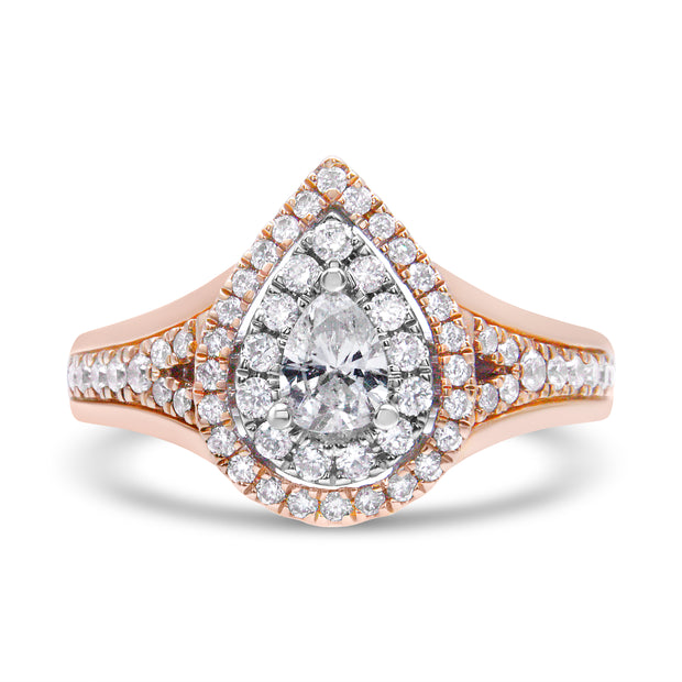 14K White and Rose Gold 1.00 Cttw Diamond Pear Shaped Double Halo Engagement Ring ( H-I Color, SI2-I1 Clarity) - Size 6.75