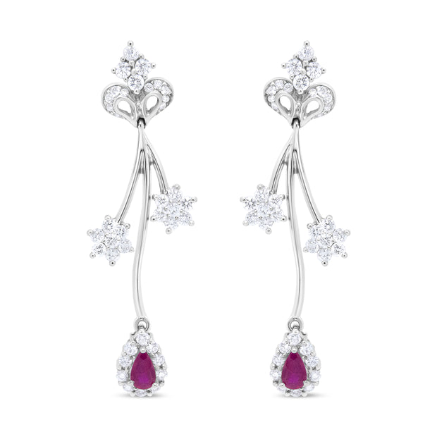 18K White Gold 1 1/4 Cttw Diamond and 4.1 x 2.2mm Red Pear-Cut Ruby Freeform Dangle Drop Earring (E-F Color, VS1-VS2 Clarity)