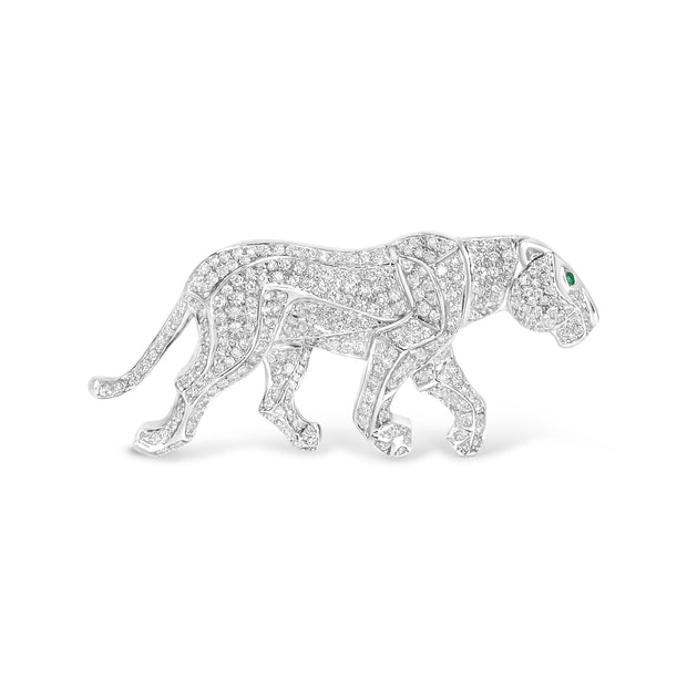 18K White Gold 2mm Green Round Emerald and 2 1/2 Cttw Diamond Panther Brooch Pin (H-I Color, SI1-SI2 Clarity)