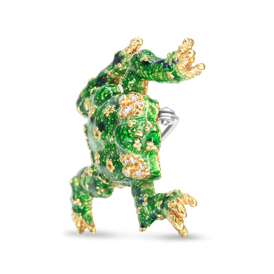 18K Yellow Gold 1/6 Cttw Diamond Green Frog Enamel Floral Brooch Pin (H-I Color, VS2-SI1 Clarity)
