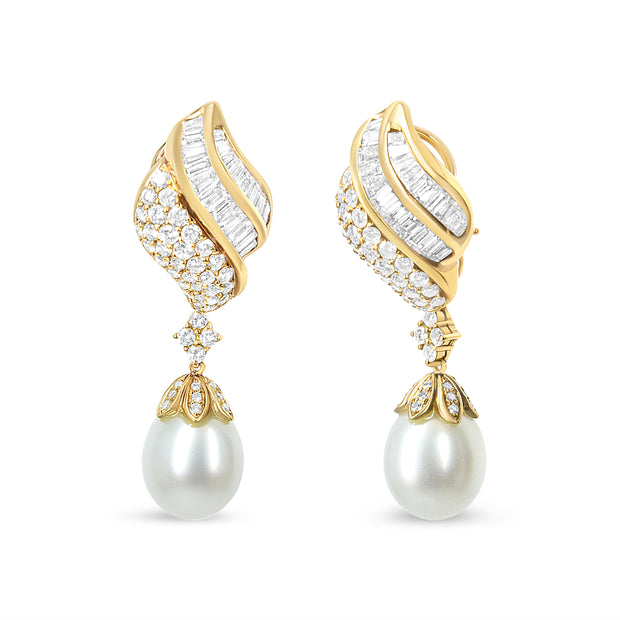 18k Yellow Gold 7.0 Cttw Baguette and Round Diamond South Sea Pearl Drop Dangle Clip-On Earrings (F-G Color, VS1-VS2 Clarity)