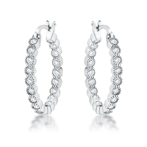 Rhodium Plated Dotted Clear CZ Round Bezel Hoop Earrings
