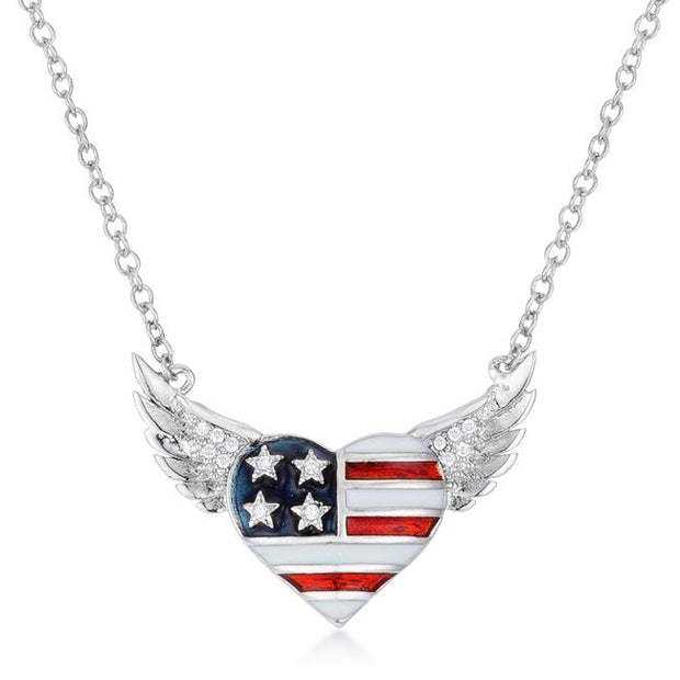 14 Ct Patriotic Winged Heart Necklace with CZ Accents