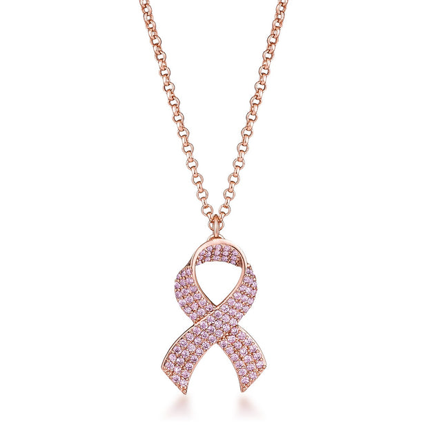 Rose Plated Pink CZ Ribbon Pendant Necklace