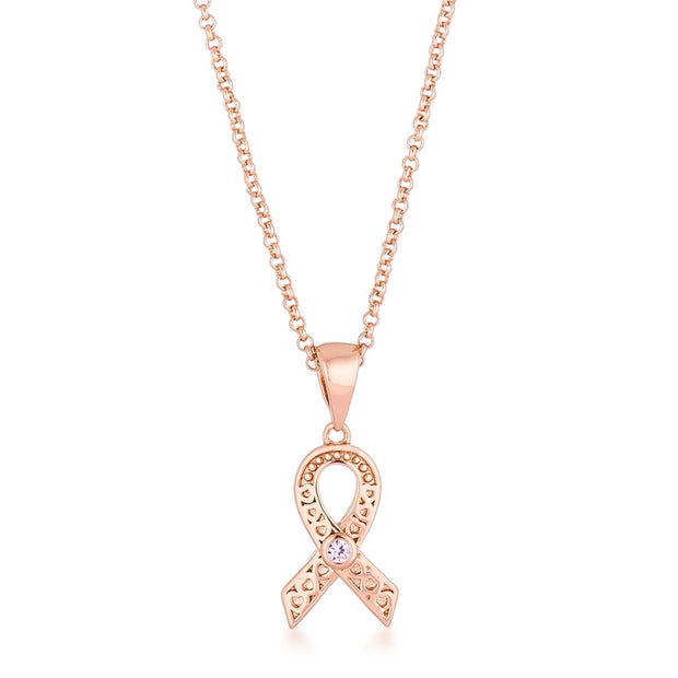 18k Rose Gold Plated Heart Filigree Breast Cancer Awareness Ribbon Pendant