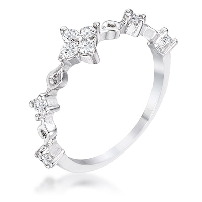 .24Ct Rhodium Plated Clear CZ Mini Floral Half Eternity Stackable Band, <b>Size 5</b>