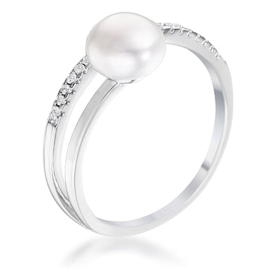 .15Ct Rhodium Plated Freshwater Pearl Ring With CZ Micro Pave Band, <b>Size 5</b>