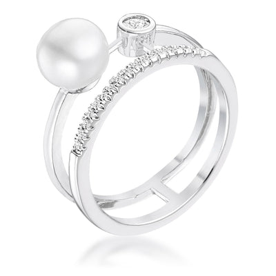 .15Ct Rhodium Plated CZ and Freshwater Pearl Contemporary Double Band Ring, <b>Size 5</b>