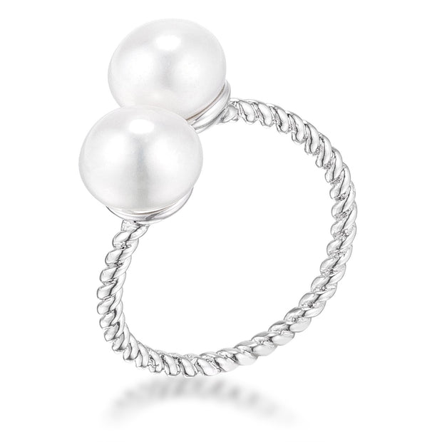 Rhodium Plated Twisted Rope Freshwater Pearl Wrap ring, <b>Size 5</b>
