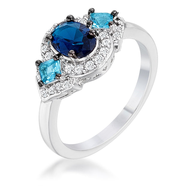 1.3Ct Rhodium and Hematite Plated Shades of Blue CZ Three Stone Engagement Ring, <b>Size 5</b>