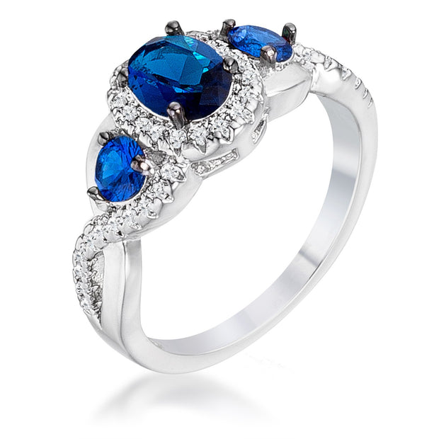 1.43Ct Rhodium & Hematite Plated Sapphire Blue & Clear CZ Three Stone Twisted  Ring, <b>Size 5</b>