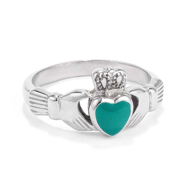Stainless Steel Irish Claddagh Ring with Green Enamel Heart, <b>Size 5</b>