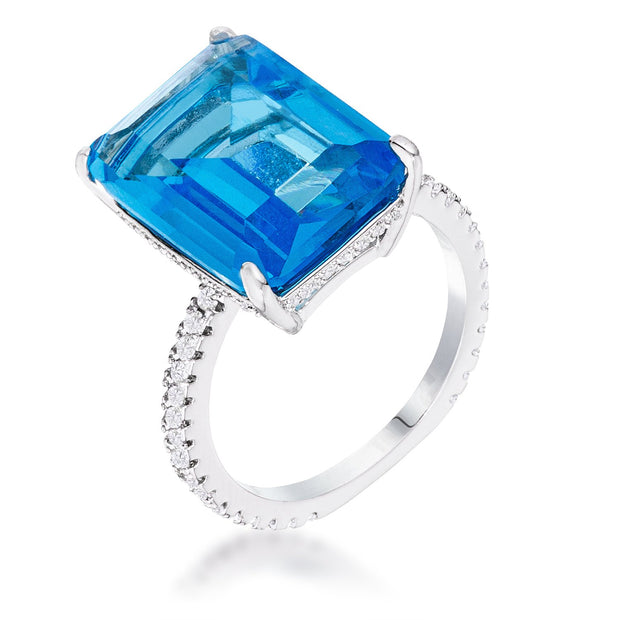 15Ct Rhodium Plated Aqua Blue Emerald Cut Pave Ring, <b>Size 5</b>