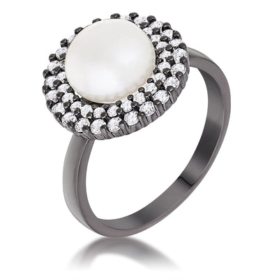 Hematite Double Halo Ethereal Pearl Cocktail Ring, <b>Size 5</b>