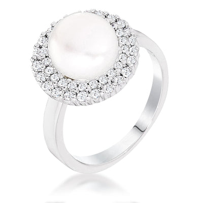 Rhodium Plated Double Halo Ethereal Pearl Cocktail Ring, <b>Size 5</b>