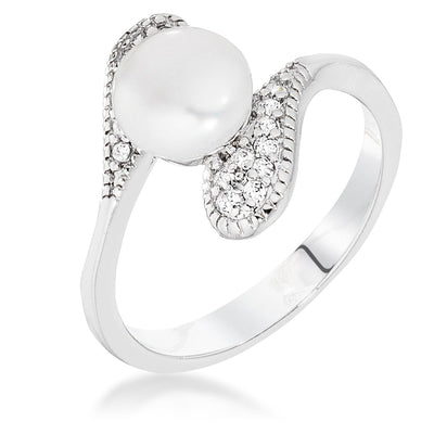 Rhodium Pearl Interlocked Double Teardrop Ring, <b>Size 5</b>