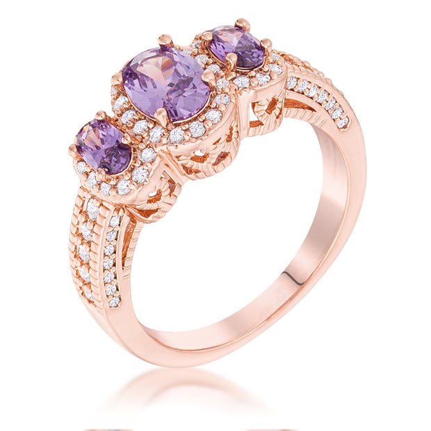 Rose Gold Plated 3-Stone Amethyst Oval Cut CZ Halo Ring, <b>Size 5</b>