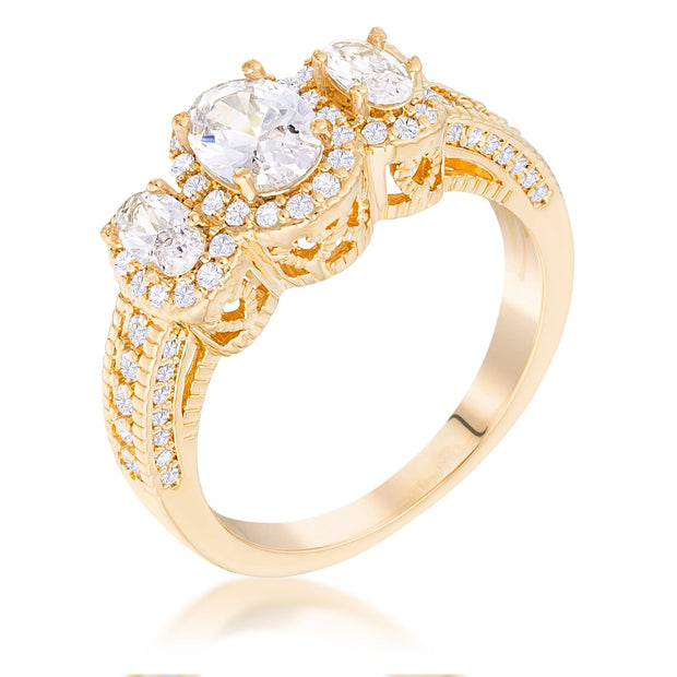 Gold Plated 3-Stone Clear Oval Cut CZ Halo Ring, <b>Size 5</b>