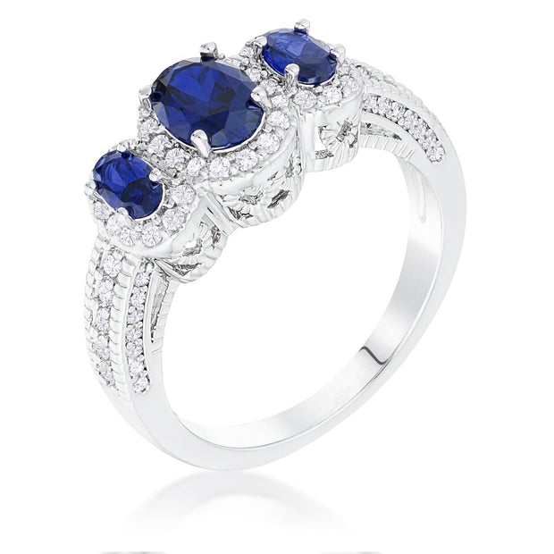 Rhodium Plated 3-Stone Sapphire Blue Oval Cut CZ Halo Ring, <b>Size 5</b>