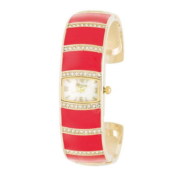 Gold Cuff Watch With Crystals - Pink