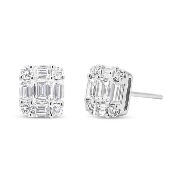 18K White Gold 7/8 Cttw Round and Emerald-Cut Composite Diamond Mosaic Cluster Stud Earring (F-G Color, VS1-VS2 Clarity)