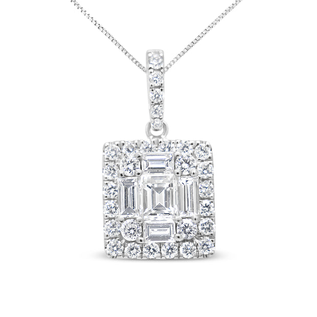 18K White Gold 7/8 Cttw Round & Emerald Shape Diamond Mosaic Cluster Pendant 18" Necklace (F-G Color, VS1-VS2 Clarity)
