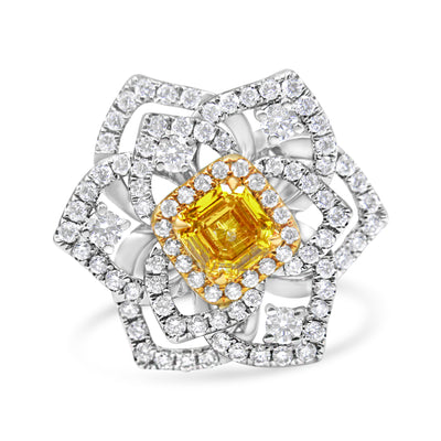 18K White and Yellow Gold 1.75 Cttw Yellow Asscher Lab Grown Center Diamond Floral Cluster Ring (Yellow/G-H Color, VS1-VS2 Clarity) - Size 6.25