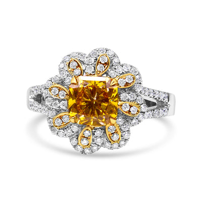 18K White and Yellow Gold 2.17 Cttw Yellow Radiant Lab Grown Center Diamond Flower Ring (Yellow/G-H Color, VS1-VS2 Clarity) - Size 6.5