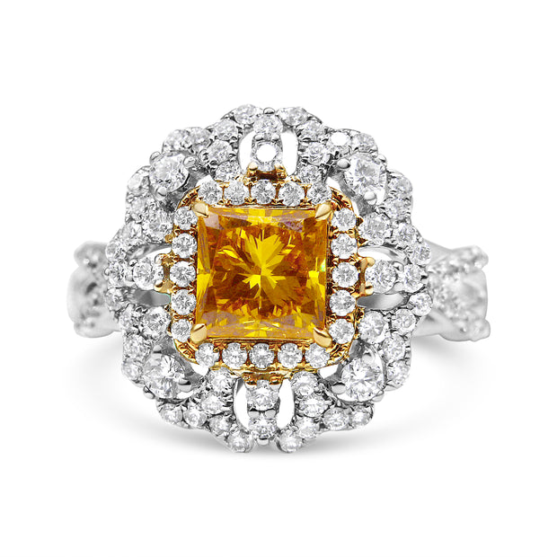 18K Yellow and White Gold 2.35 Cttw Yellow Princess Lab Grown Center Diamond Cluster Halo Cocktail Ring (Yellow/G-H Color, VS1-VS2 Clarity) - Size 6.25