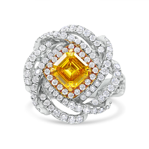 18K White and Yellow Gold 2 1/2 Cttw Yellow Asscher Lab Grown Center Diamond Cluster Swirl Ring (Yellow/G-H Color, VS1-VS2 Clarity) - Size 6.25