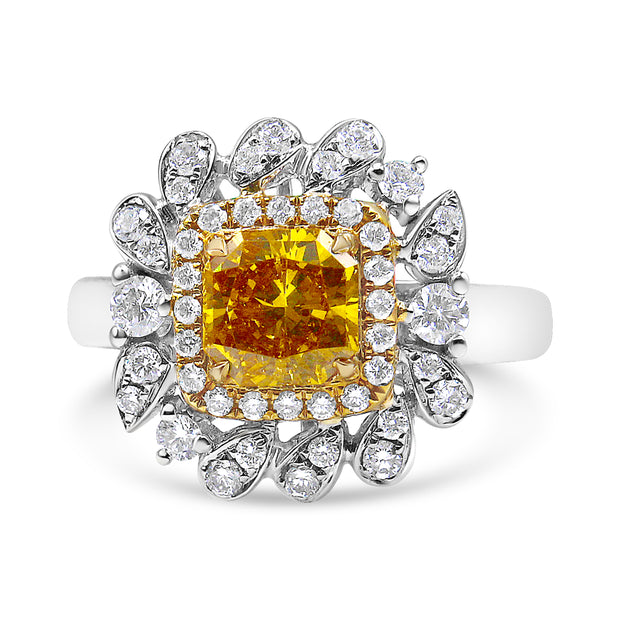 18K White and Yellow Gold 1.76 Cttw Yellow Radiant Lab Grown Center Diamond Double Halo Cocktail Ring (Yellow/G-H Color, VS1-VS2 Clarity) - Size 6