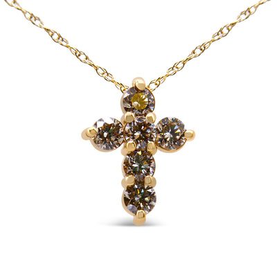 14K Yellow Gold 1/2 Cttw Round-Cut Diamond Mini Cross 18" Pendant Necklace (J-K Color, VS2-SI1 Clarity)