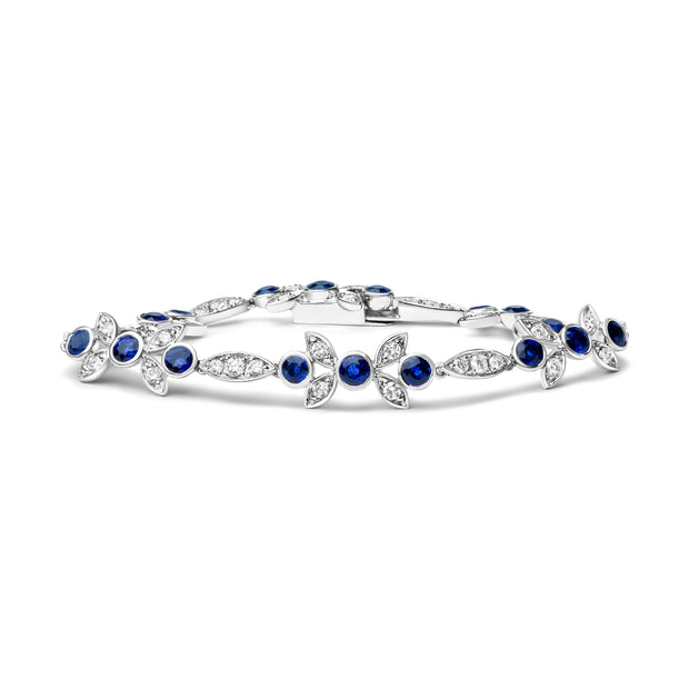 18K White Gold 1 3/4 Cttw Diamond and 3x3mm Round Blue Sapphire Gemstone Floral Link Bracelet (G-H Color, SI1-SI2 Clarity) - Size 7"