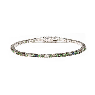 18K White Gold 3/8 Cttw Diamond with Blue Sapphire and Green Tsavorite Gemstone Multi-Colored Tennis Bracelet (Brown and G-H Color, SI1-SI2 Clarity) - Size 7"