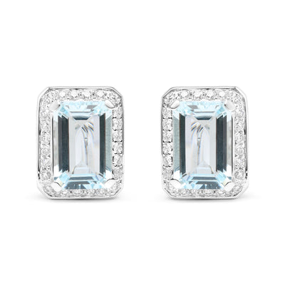 18K White Gold 3/4 Cttw Round Diamond and 13x9mm Emerald Cut Blue Aquamarine Gemstone Halo Omega Stud Earrings (G-H Color, SI1-SI2 Clarity)