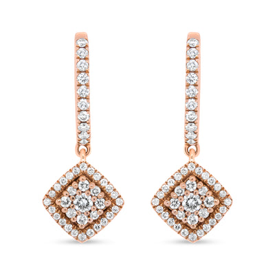 18K Rose Gold 1/2 Cttw Round Diamond Halo Cluster Dangle Drop Earrings (F-G Color, VS1-VS2 Clarity)
