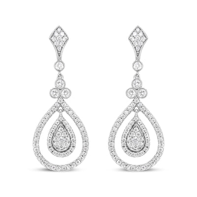 18K White Gold 1 1/4 Cttw Round Diamond Openwork Teardrop-Shaped Dangle Earrings (F-G Color, VS1-VS2 Clarity)