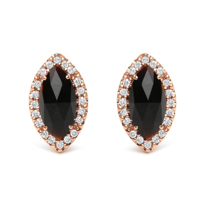 18K Rose Gold 1/5 Cttw Diamond and 10x6 MM Marquise Cut Black Onyx Gemstone Halo Stud Earrings  (G-H Color, SI2-I1 Clarity)
