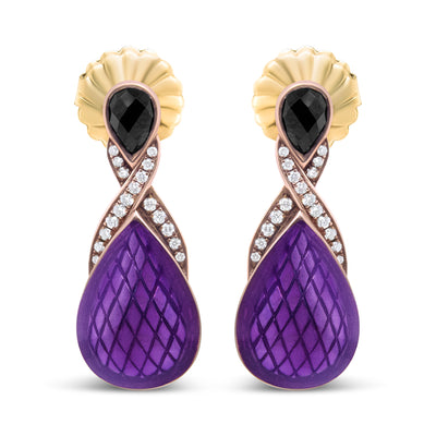 18K Rose Gold Flash Plated .925 Sterling Silver Purple Enamel 1/5 Cttw Round Pave-Set Diamond and 5.5 x 4mm Pear-Shaped Black Onyx Drop Earrings (F-G Color, VS1-VS2 Clarity)