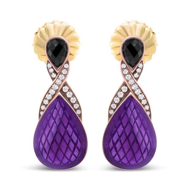 18K Rose Gold Flash Plated .925 Sterling Silver Purple Enamel 1/5 Cttw Round Pave-Set Diamond and 5.5 x 4mm Pear-Shaped Black Onyx Drop Earrings (F-G Color, VS1-VS2 Clarity)
