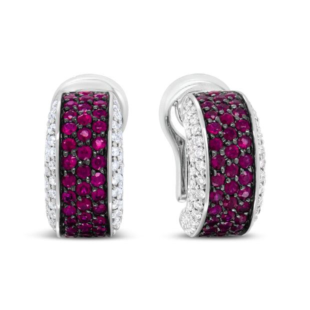 18K White Gold and Black Rhodium Plated 3/4 Cttw Round Diamonds and 1mm Round Red Ruby Huggie Hoop Earrings (F-G Color, VS1-VS2 Clarity)