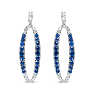 18K White Gold 1.11 Cttw Blue Round Diamond and Blue Sapphire Openwork Oval Shaped Dangle Earrings (F-G Color, VS1-VS2 Clarity)