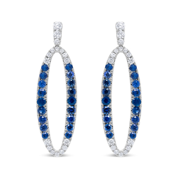 18K White Gold 1.11 Cttw Blue Round Diamond and Blue Sapphire Openwork Oval Shaped Dangle Earrings (F-G Color, VS1-VS2 Clarity)