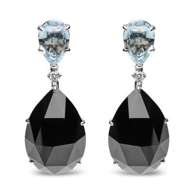18K White Gold 1/5 Cttw Diamond with Pear Cut Sky Blue Topaz and Pear-Cut Black Onyx Gemstone Dangle Earring (G-H Color, SI1-SI2 Clarity)