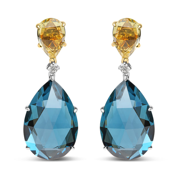 18K White and Yellow Gold 1/5 Cttw Diamond with Pear Cut Lemon Quartz and Pear Cut London Blue Topaz Gemstone Dangle Earring (G-H Color, SI1-SI2 Clarity)