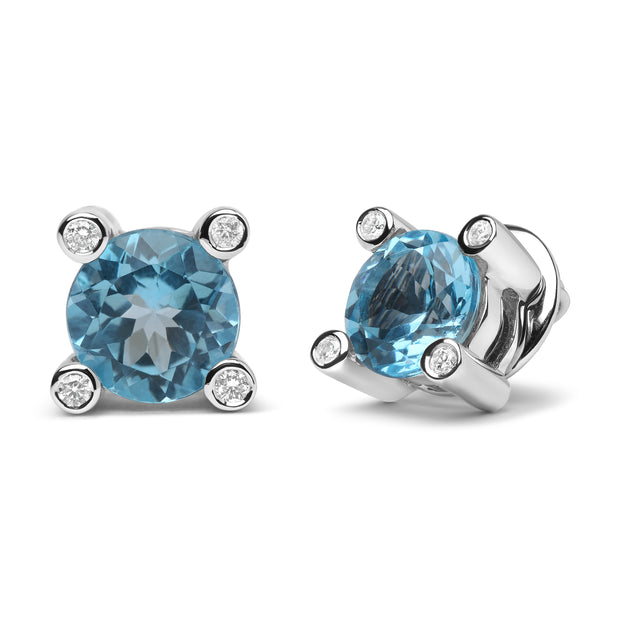 18K White Gold 1/10 Cttw Round Bezel Diamond and 10x10mm Round Sky Blue Topaz Gemstone Stud Earrings (G-H Color, I1-I2 Clarity)