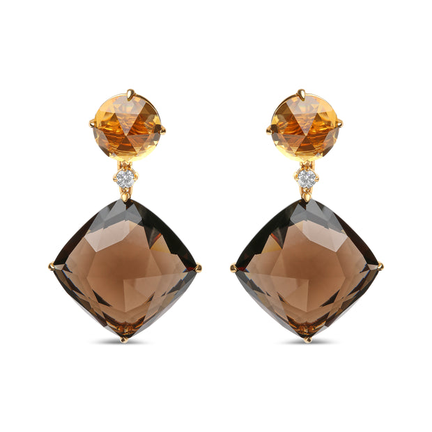 18K Yellow Gold 1/5 Cttw Diamond with Round Yellow Citrine and 25mm Cushion Cut Smoky Quartz Gemstone Dangle Earring (G-H Color, SI1-SI2 Clarity)