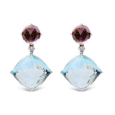 18K White and Rose Gold 1/5 Cttw Diamond with Round Pink Rose De France Amethyst and 25mm Cushion Cut Sky Blue Topaz Gemstone Dangle Earring (G-H Color, SI1-SI2 Clarity)